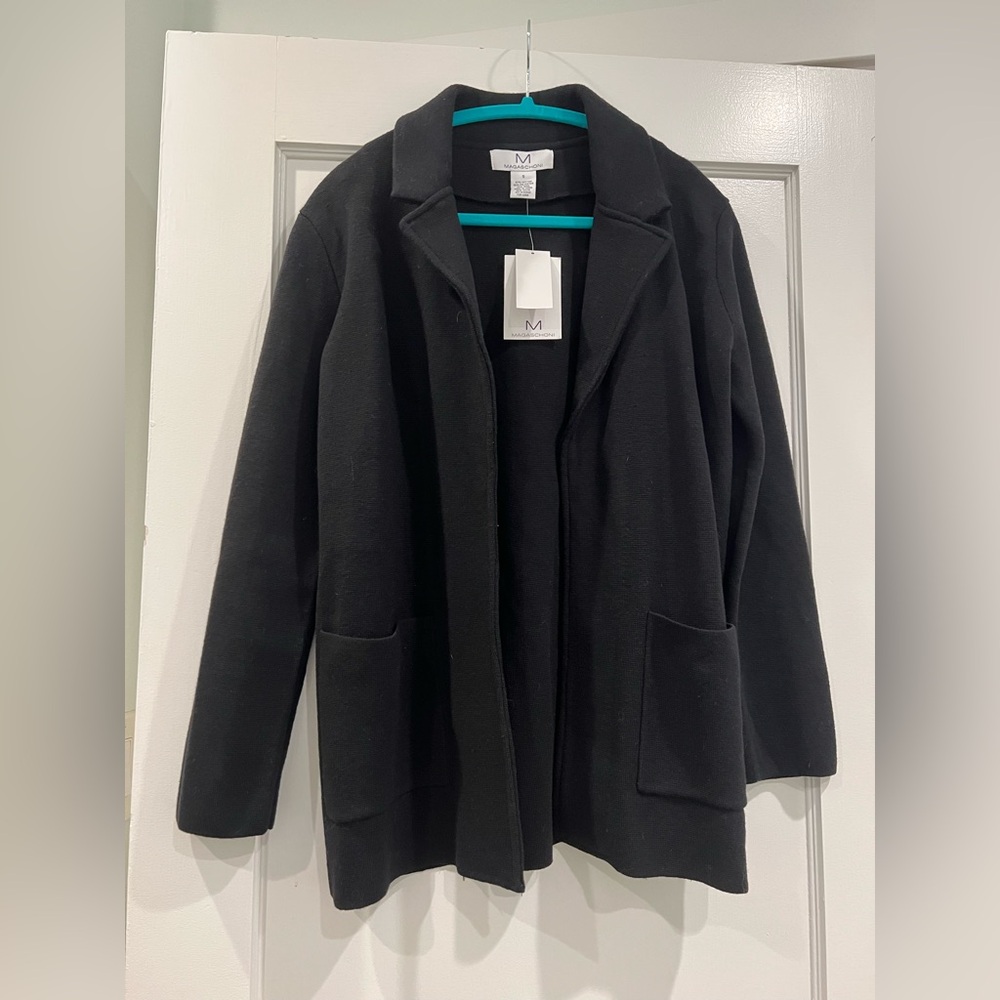 NWT! Magaschoni Black Wool Blend Open Front Sweater Blazer, size S (fits M-L)